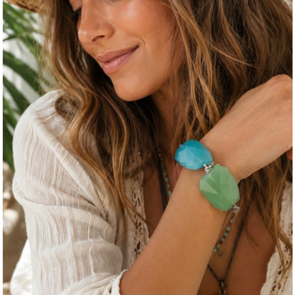Chicos Blue Green White Large Stone Bracelet New